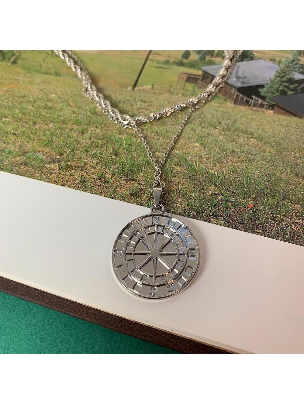 Y2k 2000s style Silver Circle Compass Pendant double layer rope chain Necklace. - Picture 7 of 8